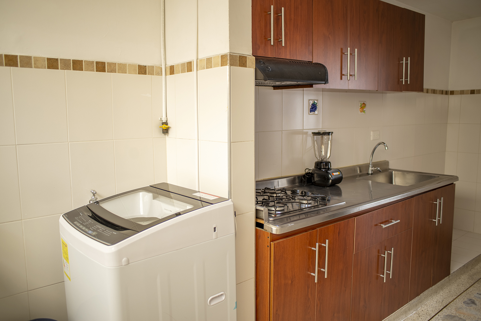 Kitchen with stove and washing machine
