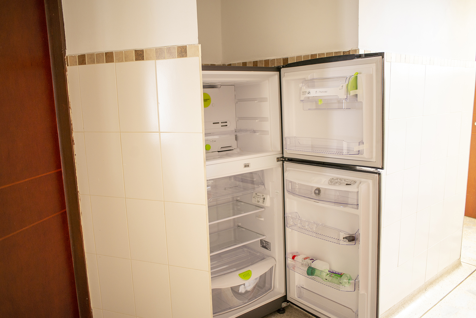 Open refrigerator and kitchen storage